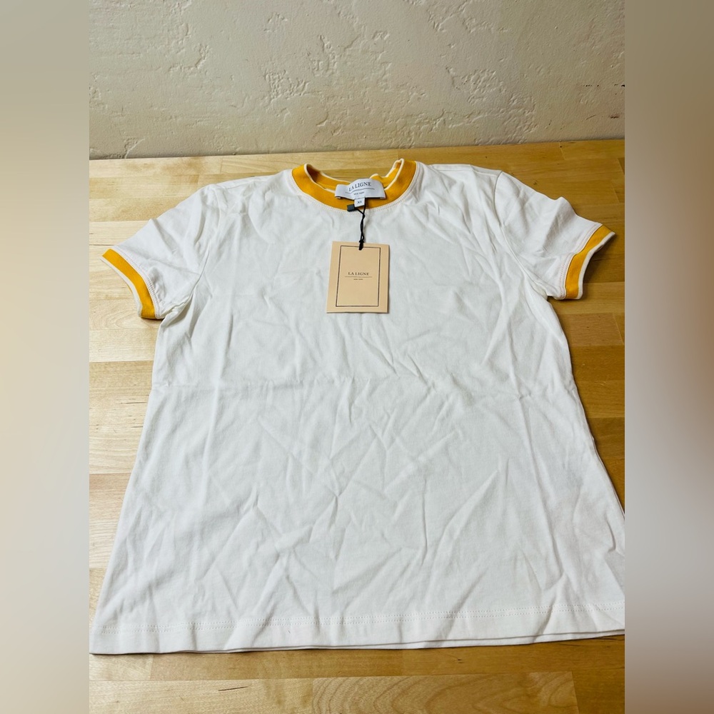 La Ligne White Short-Sleeve Ringer Tee with Yellow Trim size XS